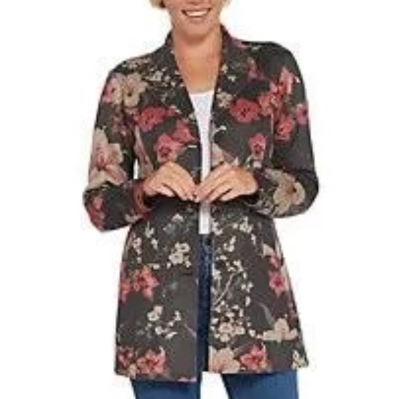 Denim & Co floral faux suede duster jacket/coat - Picture 2 of 7